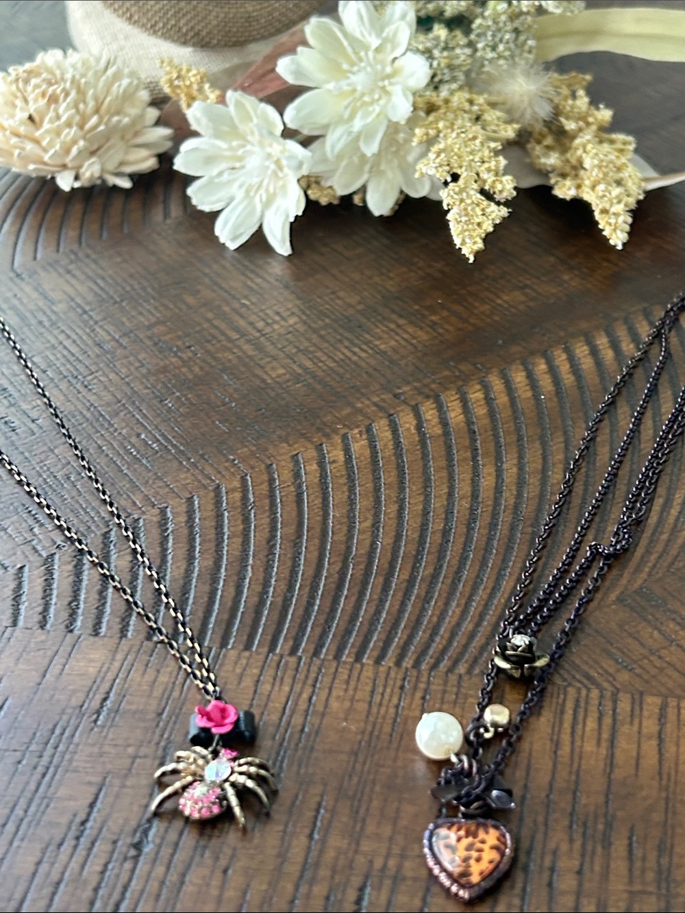 Betsey Johnson Antique Bronze Multi-Layer Necklace with Pink Flower/2 necklaces - Picture 8 of 10